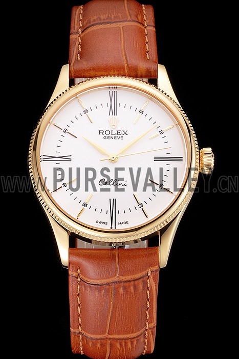 Swiss Rolex Cellini White Dial Roman Numerals Gold Case Light Brown Leather Strap