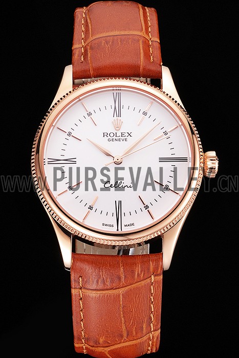 Swiss Rolex Cellini White Dial Roman Numerals Rose Gold Case Light Brown Leather Strap