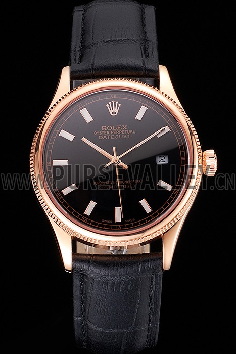 Swiss Rolex Datejust Black Dial Rose Gold Case Black Leather Strap