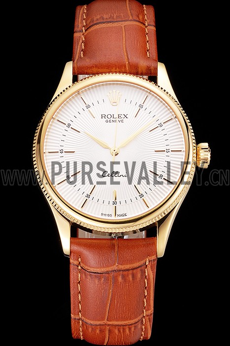 Swiss Rolex Cellini White Guilloche Dial Gold Case Light Brown Leather Strap
