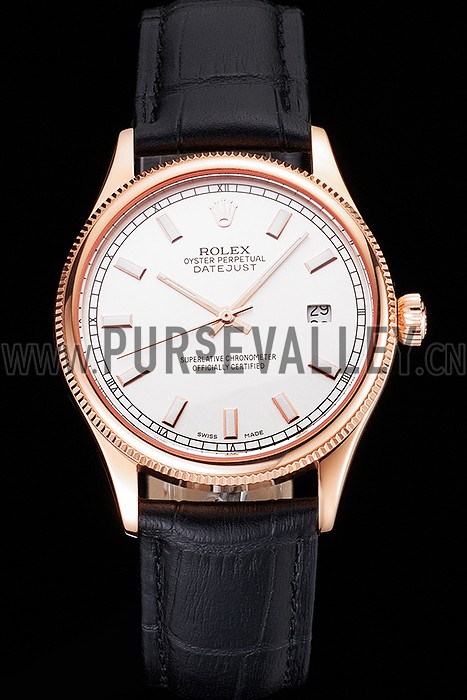 Swiss Rolex Datejust White Dial Rose Gold Case Black Leather Strap