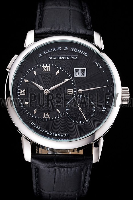 A. Lange & Sohne Lange 1 Black Dial Stainless Steel Case Black Leather Strap