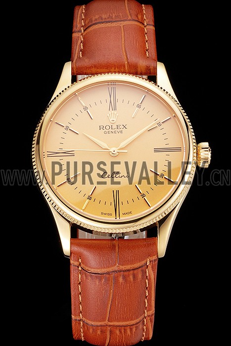 Swiss Rolex Cellini Gold Dial Roman Numerals Gold Case Light Brown Leather Strap