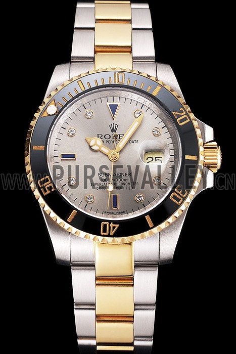 Swiss Rolex Submariner Silver Dial Diamond Markings Black Bezel Two Tone Steel Gold Bracelet