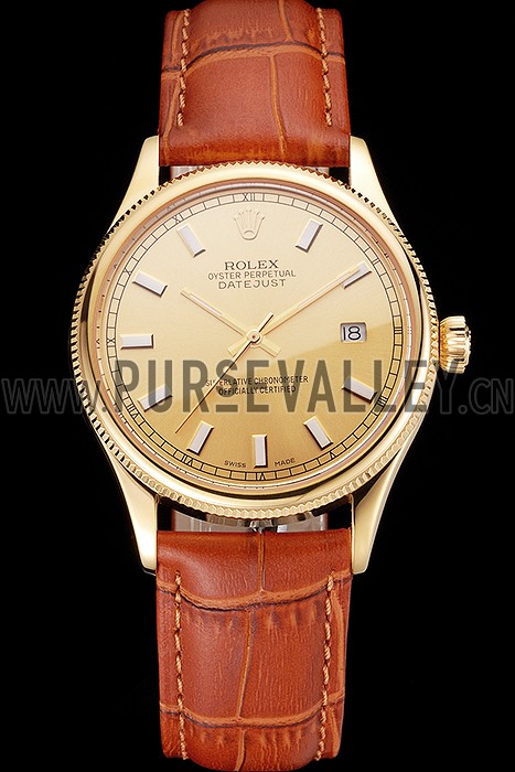 Swiss Rolex Datejust Gold Dial Gold Case Light Brown Leather Strap