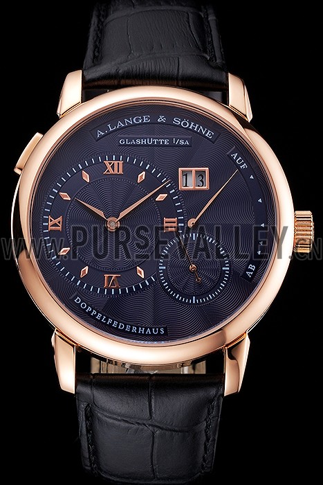 A. Lange & Sohne Lange 1 Blue Dial Rose Gold Case Black Leather Strap