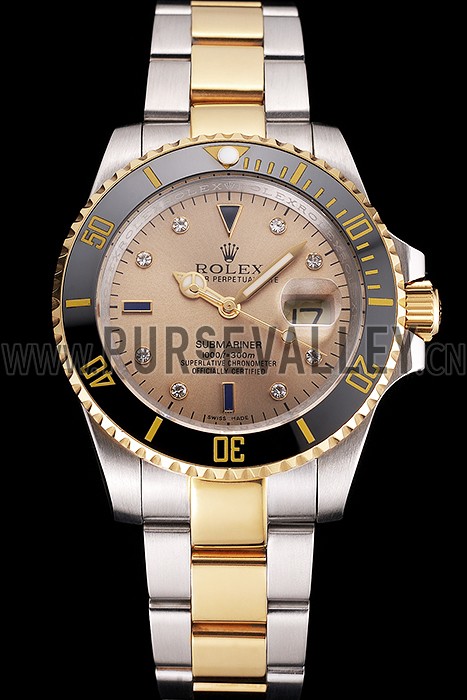 Swiss Rolex Submariner Gold Dial Diamond Markings Black Bezel Two Tone Steel Gold Bracelet