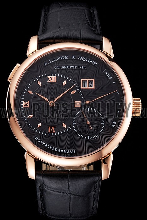 A. Lange & Sohne Lange 1 Black Dial Rose Gold Case Black Leather Strap