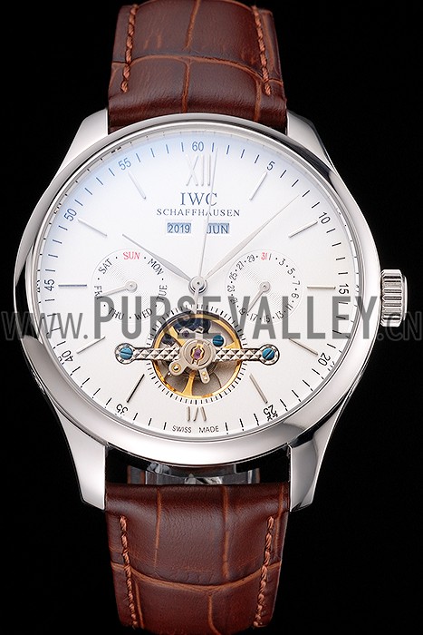 IWC Portofino Tourbillon White Dial Stainless Steel Case Brown Leather Strap