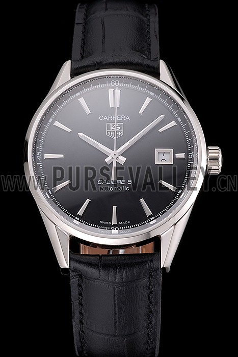 Swiss Tag Heuer Carrera Calibre 5 Black Dial Stainless Steel Case Black Leather Strap