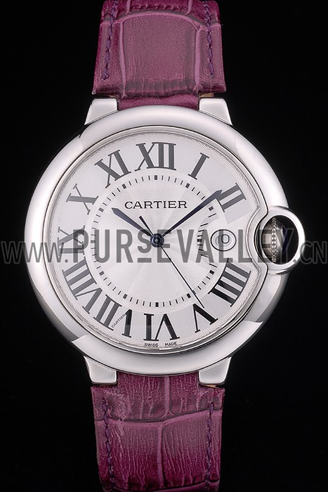 Cartier Ballon Bleu 42mm White Dial Stainless Steel Case Purple Leather Bracelet