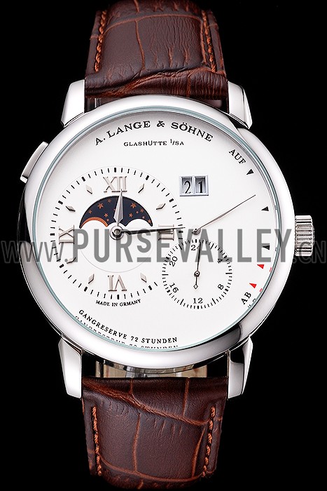 A. Lange & Sohne Grand Lange 1 Moon Phase White Dial Stainless Steel Case Brown Leather Strap