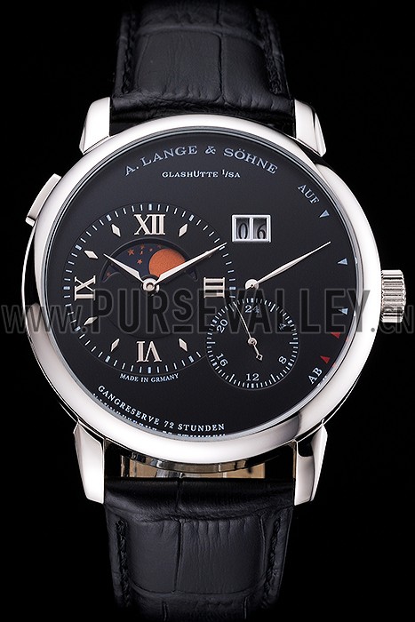 A. Lange & Sohne Grand Lange 1 Moon Phase Black Dial Stainless Steel Case Black Leather Strap