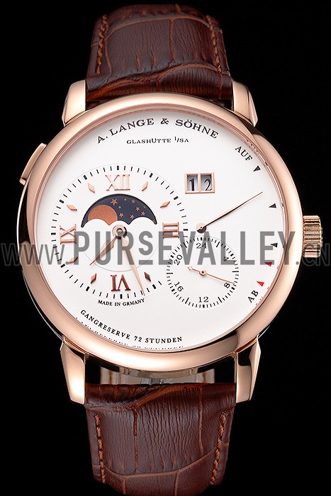 A. Lange & Sohne Grand Lange 1 Moon Phase White Dial Rose Gold Case Brown Leather Strap