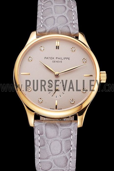 Patek Philippe Calatrava Gray Dial Diamond Markings Gold Case Gray Leather Strap