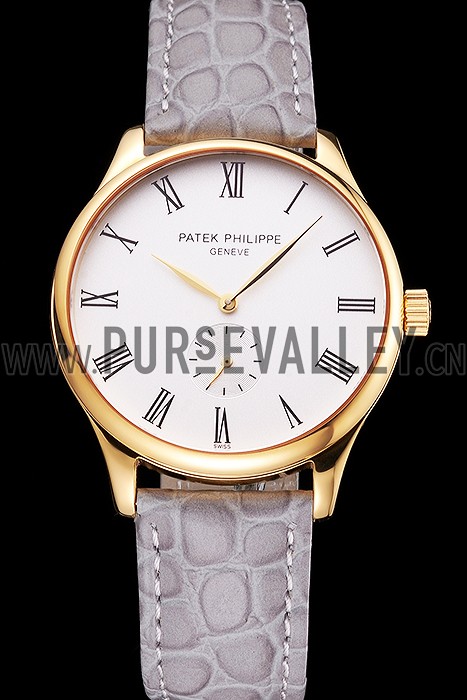 Patek Philippe Calatrava White Dial Gold Case Gray Leather Strap