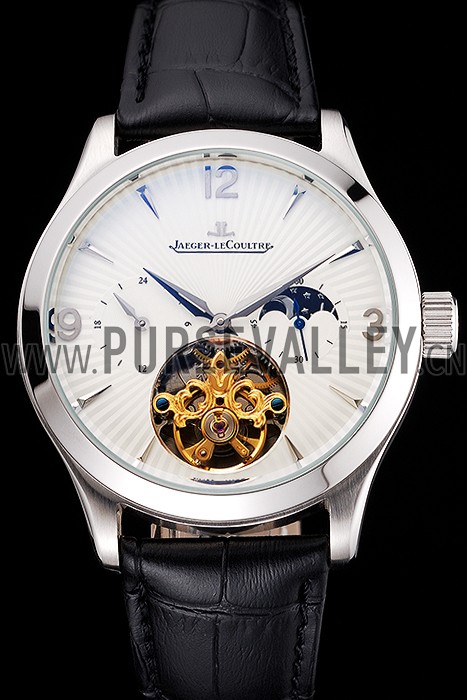 Jaeger LeCoultre Master Moonphase Tourbillon White Dial Stainless Steel Case Black Leather Strap