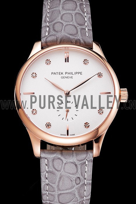 Patek Philippe Calatrava White Dial Diamond Markings Rose Gold Case Gray Leather Strap