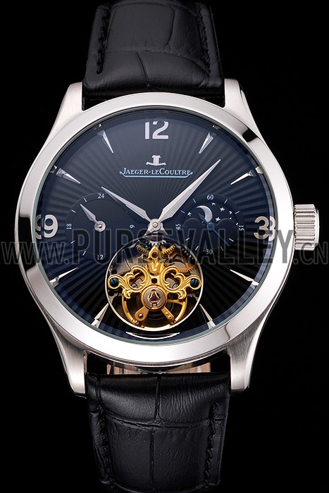 Jaeger LeCoultre Master Moonphase Tourbillon Black Dial Stainless Steel Case Black Leather Strap
