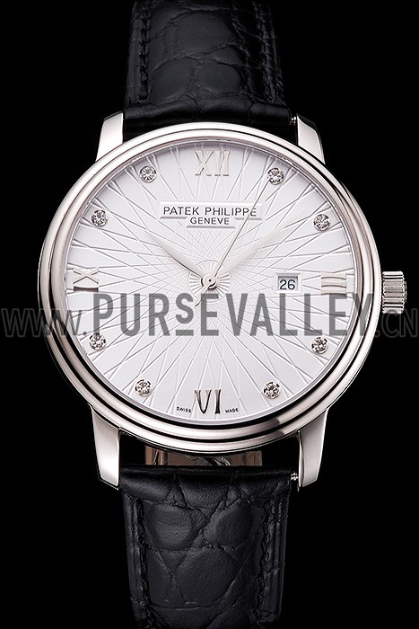 Patek Philippe Calatrava Date White Embossed Dial Stainless Steel Case Black Leather Strap