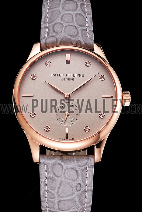 Patek Philippe Calatrava Gray Dial Diamond Markings Rose Gold Case Gray Leather Strap