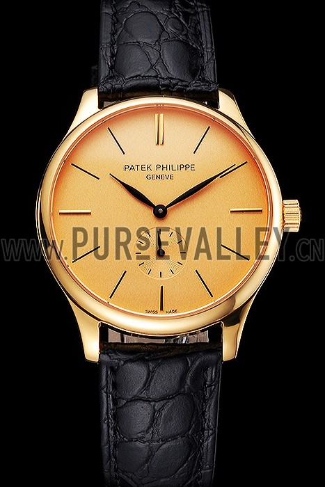Patek Philippe Calatrava Gold Dial Gold Case Black Leather Strap