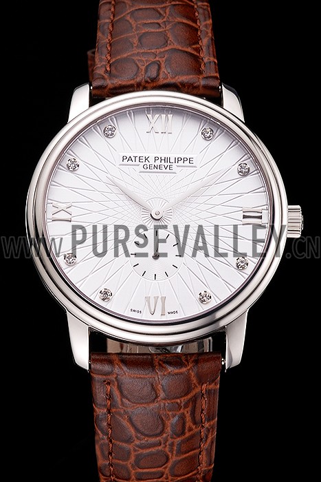 Patek Philippe Calatrava Date White Embossed Dial Stainless Steel Case Brown Leather Strap