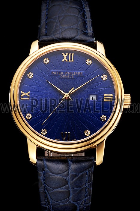 Patek Philippe Calatrava Date Blue Embossed Dial Gold Case Blue Leather Strap