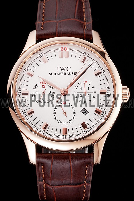 Swiss IWC Portugieser Perpetual Calendar White Dial Rose Gold Case Brown Leather Strap