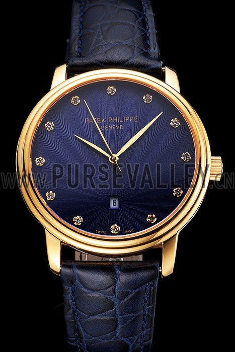Patek Philippe Calatrava Date Blue Guilloche Dial Gold Case Blue Leather Strap