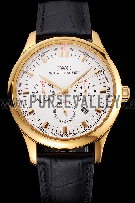Swiss IWC Portugieser Perpetual Calendar White Dial Gold Case Black Leather Strap