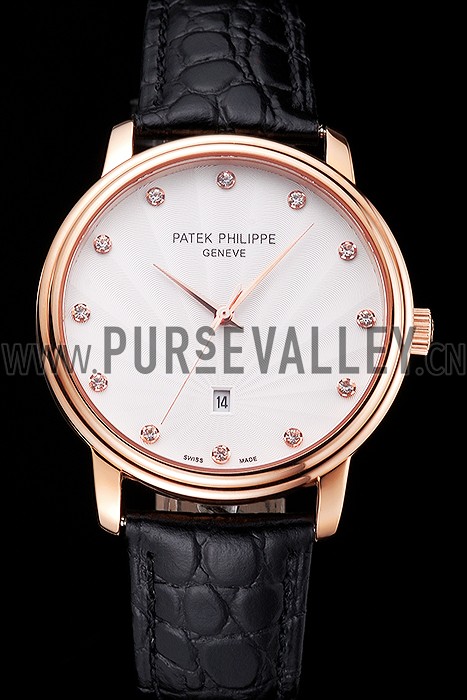 Patek Philippe Calatrava Date White Dial Rose Gold Case Black Leather Strap