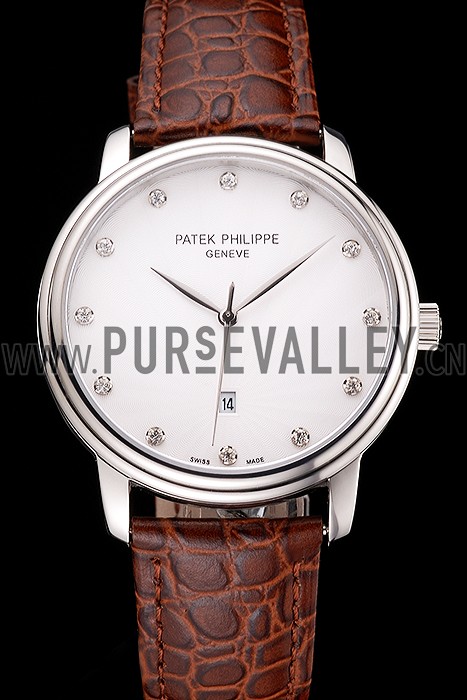 Patek Philippe Calatrava Date White Dial Stainless Steel Case Brown Leather Strap