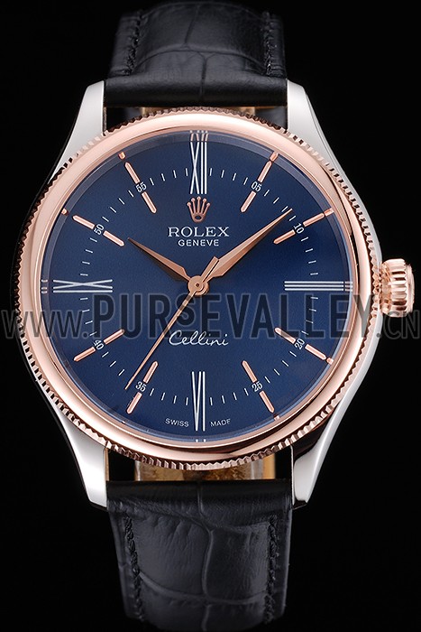 Rolex Cellini Blue Dial Gold Bezel Stainless Steel Case Black Leather Strap 622841
