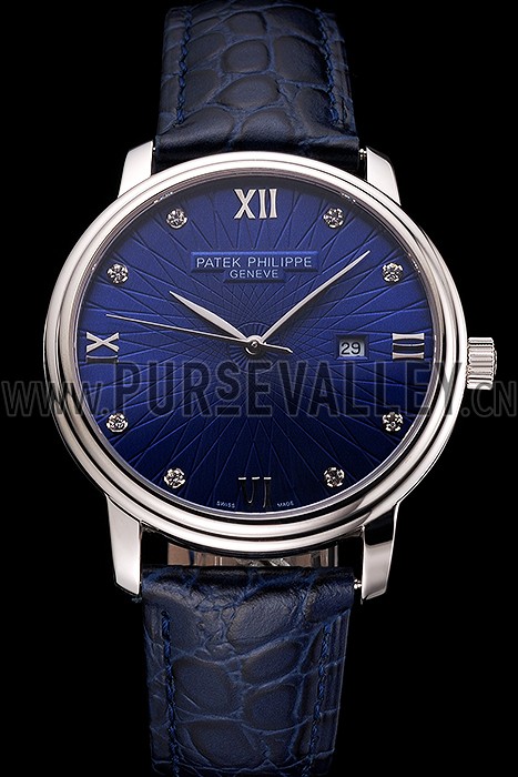 Patek Philippe Calatrava Date Blue Dial Stainless Steel Case Blue Leather Strap