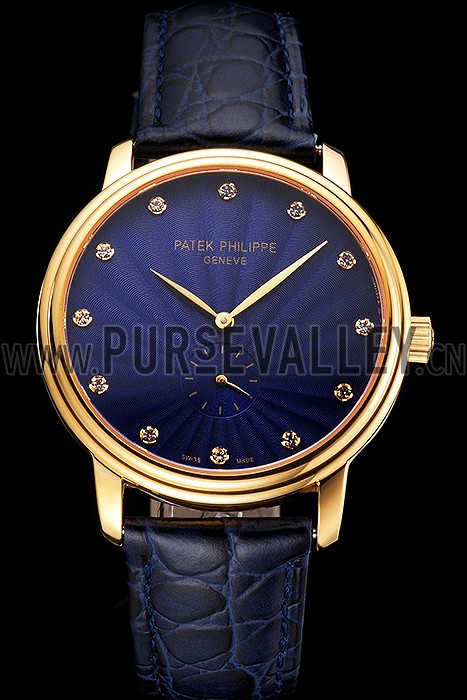 Patek Philippe Calatrava Blue Guilloche Dial Gold Case Blue Leather Strap