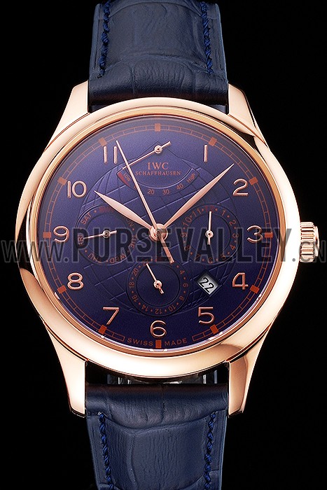 Swiss IWC Portugieser Power Reserve Blue Dial Rose Gold Case Blue Leather Strap