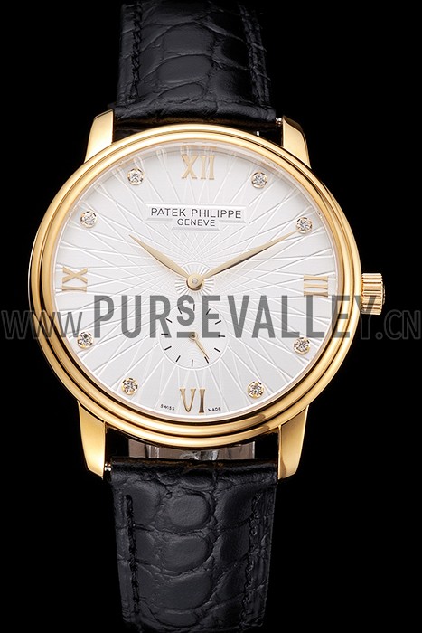Patek Philippe Calatrava White Embossed Dial Gold Case Black Leather Strap