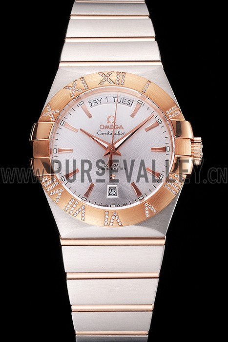 Swiss Omega Constellation White Dial Stainless Steel Case Rose Gold Bezel Two Tone Bracelet