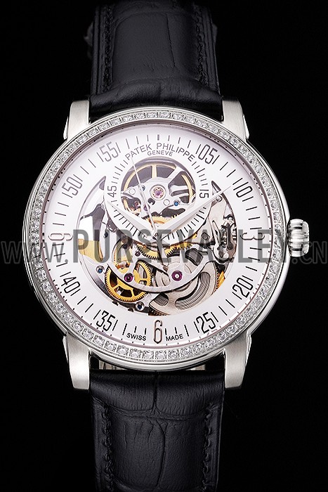 Swiss Patek Philippe Complications Openworked Dial Diamond Bezel Stainless Steel Case Black Leather Strap