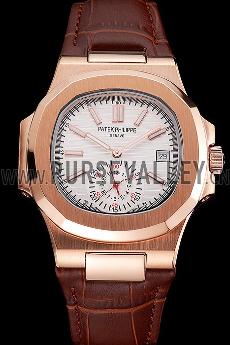 Patek Philippe Nautilus White Dial Rose Gold Case Brown Leather Strap