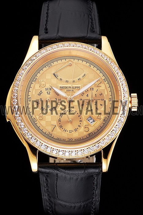 Swiss Patek Philippe Grand Complications Power Reserve Gold Dial And Case Diamond Bezel Black Leather Strap