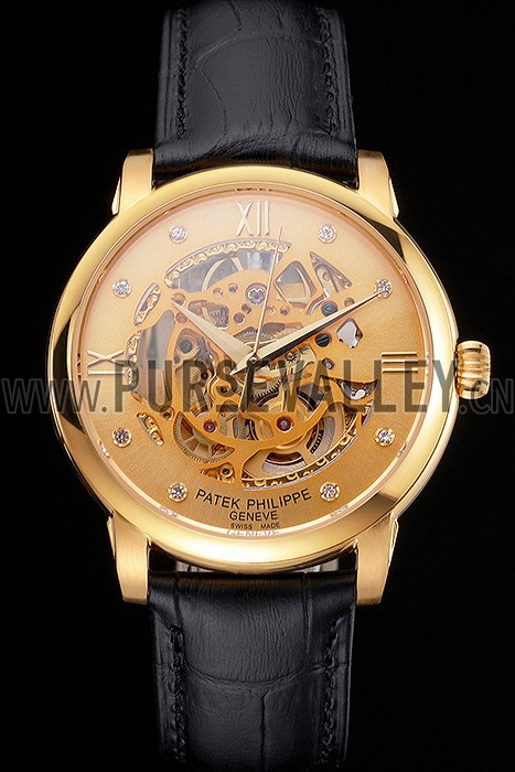 Swiss Patek Philippe Complications Openworked Dial Gold Case Black Leather Strap