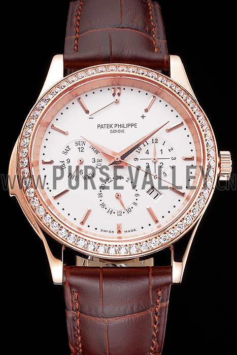 Swiss Patek Philippe Grand Complications Perpetual Calendar White Dial Rose Gold Case Diamond Bezel Brown Leather Strap