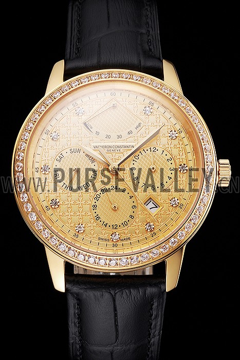 Swiss Vacheron Constantin Traditionnelle Power Reserve Gold Dial And Case Diamond Bezel Black Leather Strap