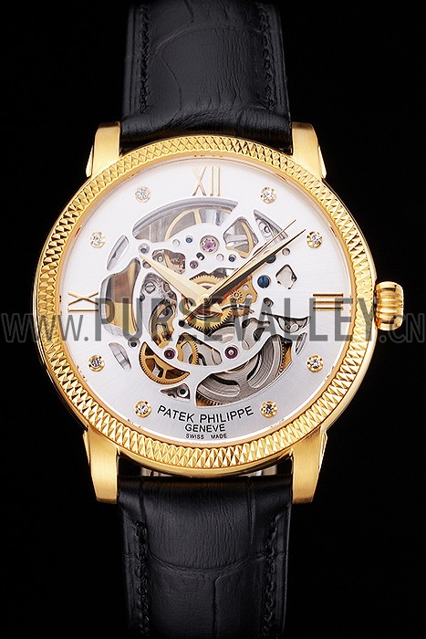 Swiss Patek Philippe Complications Openworked Dial Gold Case Fluted Bezel Black Leather Strap