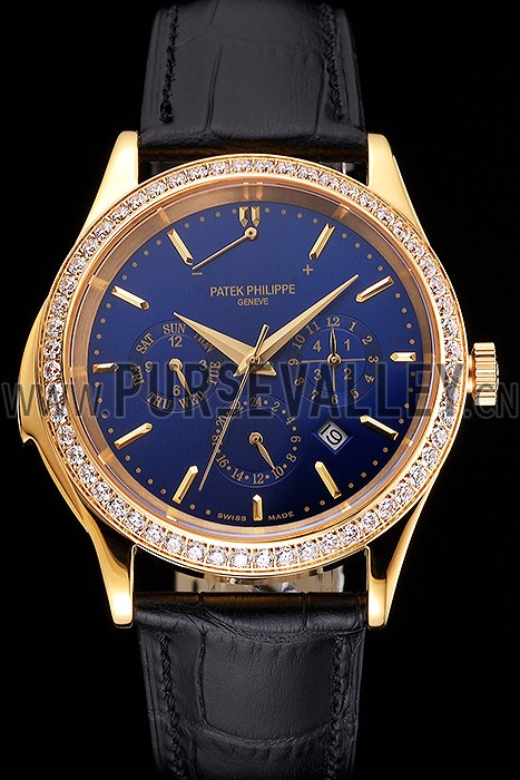 Swiss Patek Philippe Grand Complications Perpetual Calendar Blue Dial Gold Case Diamond Bezel Black Leather Strap
