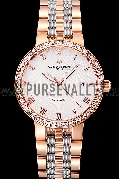 Swiss Vacheron Constantin Traditionnelle White Dial Diamond Bezel Rose Gold Case Two Tone Bracelet