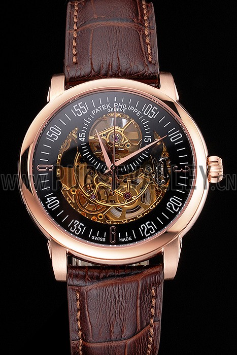 Swiss Patek Philippe Complications Openworked Dial Rose Gold Case Brown Leather Strap