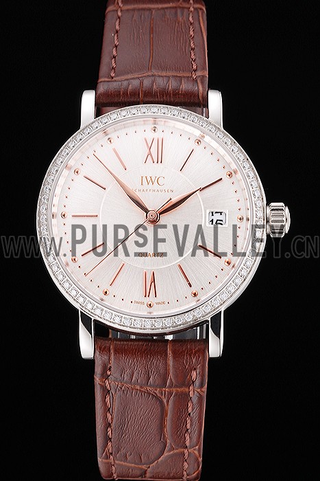 IWC Portofino Silver Dial Stainless Steel Case Diamonds Bezel Brown Leather Strap